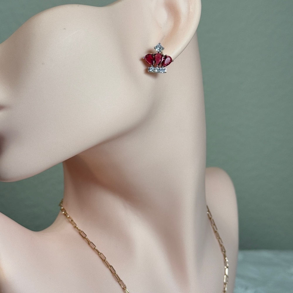 ⚜️ Chic Red and Silver Crown Earrings With  Cubic Zirconia 💎❤️‍🔥 - Picture 3 of 7